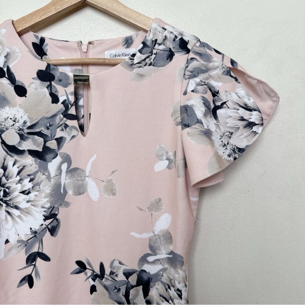 Calvin Klein Womens 2 Floral Ruffle Sleeve Sheath Dress Pink Color - Picture 5 of 12